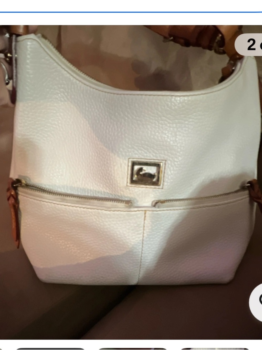 Dooney & Bourke White Pebbled Leather Shoulder Bag with Tan Accents
